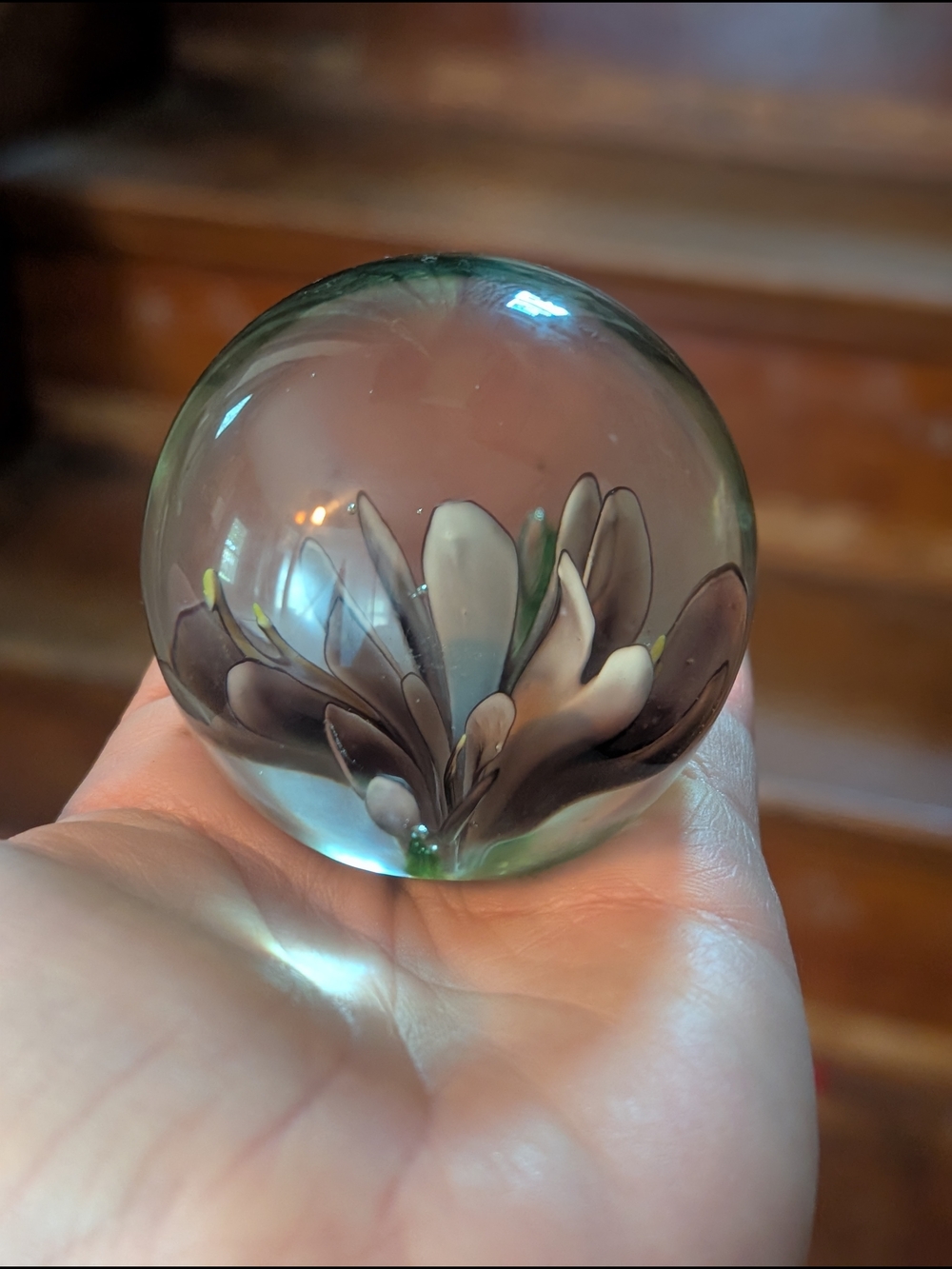 Handblown Glass Flower Sphere - Green and Gray Home Art vintage Ball Weight